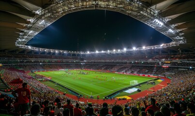 Obraz premium Night game at the stadium, bright lights illuminate the field, highlighting the action.