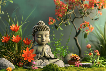 Buddha stucco statue with sitting for meditation white beautiful nature garden background, Asia faith spirit and culture.