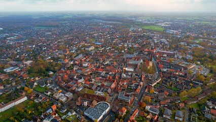 Aerial of the old town in the city Dülmen on an overcast day in autumn in Germany.	