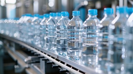 Bottled water production plant, bottles are labeled and packaged in a clean and orderly manner