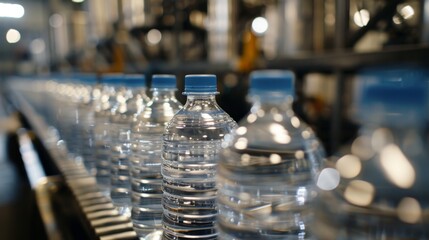 Fototapeta na wymiar Bottled water production plant, bottles are labeled and packaged in a clean and orderly manner