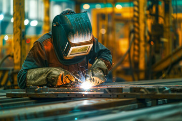 Men Working with Metal, Industrial Welding in Factory, Safety Equipment and Sparks, Professional Labor