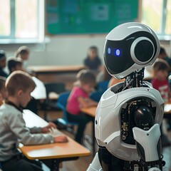 a robot is a teacher at a school for children, abstract illustration, classroom with children and artificial intelligence, Generative AI