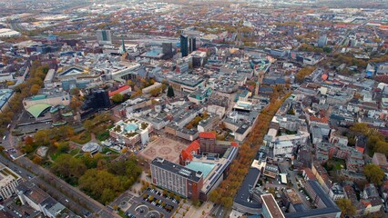 Aerial of the old town in the city Dortmund on an overcast day in autumn in Germany.	