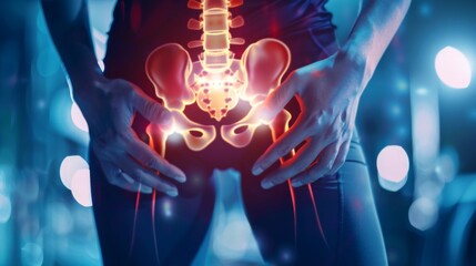 The person hand touches the pelvis, with a slight red glow around the pelvic joint, indicating discomfort or injury. Ideal for conveying the concept of joint pain or sports injuries.