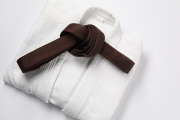 Brown karate belt and kimono on white background, top view