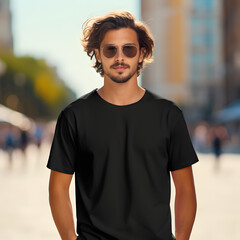 Male Model in Black Shirt in the City - Generative AI