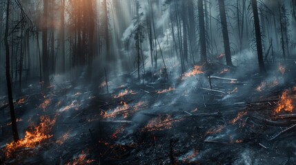 Forests after a fire, the flames still flicker among the charred trees and thick haze in the air - obrazy, fototapety, plakaty