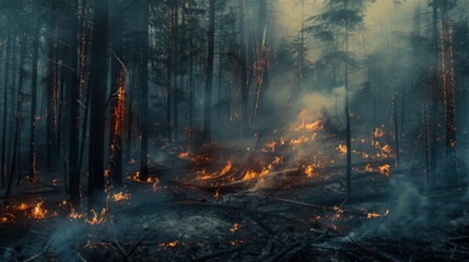 Forests after a fire, the flames still flicker among the charred trees and thick haze in the air - obrazy, fototapety, plakaty