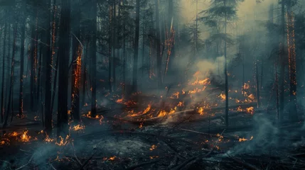 Fotobehang Forests after a fire, the flames still flicker among the charred trees and thick haze in the air © AlfaSmart