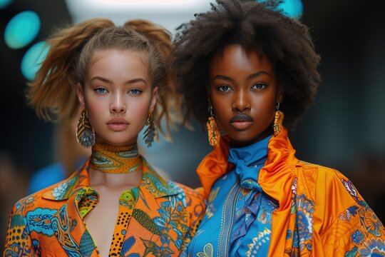 A blonde model and a model with an afro hairstyle showcase colorful, cultural inspired fashion with matching accessories