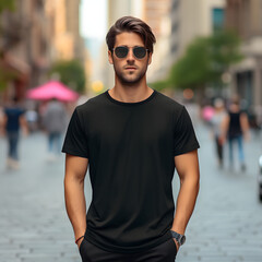 Male Model in Black Shirt in the City - Generative AI