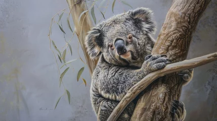 Foto auf Alu-Dibond Curious Koala Clinging to a Tree, Perfect for Wildlife and Environmental Education © R Studio
