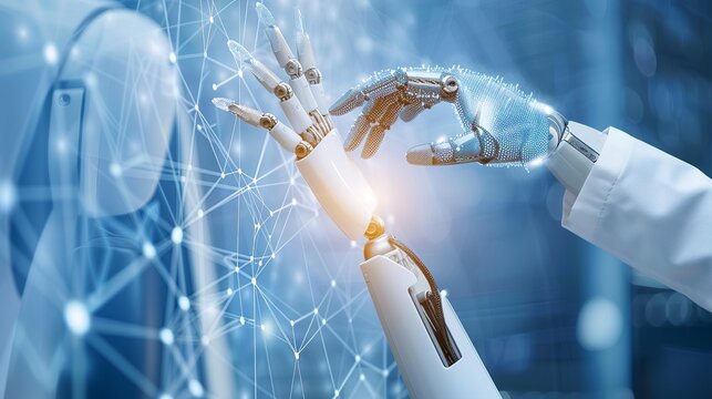 AI, Machine learning, Hands of robot and human touching on big data network connection background