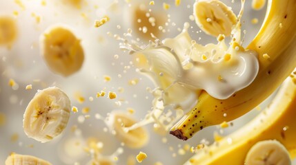 Banana slices fall into creamy milk, creating splashes of fruit and milk against a bright, blurry background