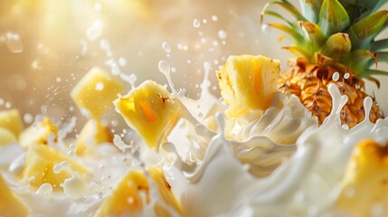 Pineapple chunks falling into creamy milk, creating splashes of fruit and milk against a bright