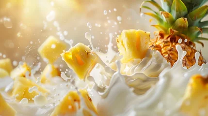 Fotobehang Pineapple chunks falling into creamy milk, creating splashes of fruit and milk against a bright © AlfaSmart