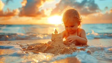 Sandy Discovery, Child building sandcastle, Beach Fun