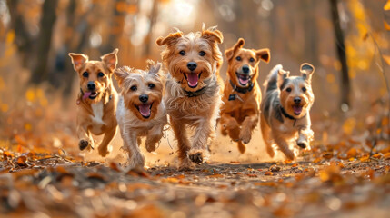 Playful Sprint, Group of dogs running, Canine Joy - obrazy, fototapety, plakaty
