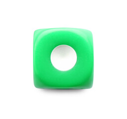One green game dice isolated on white, top view