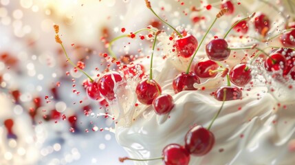 Image of Cherries and currants falling into milk printed on Printed Glass Splashbacks