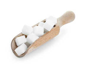 Sugar cubes in wooden scoop isolated on white