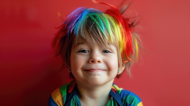 A child boy's vibrant rainbow hair and bright smile against a playful, colorful background evoke pure childhood delight