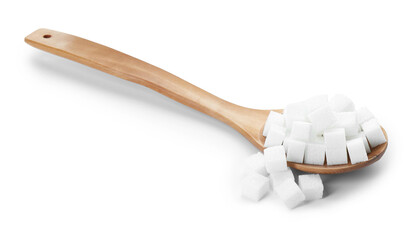 Sugar cubes and wooden spoon isolated on white