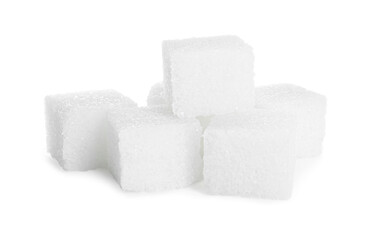 Many refined sugar cubes isolated on white
