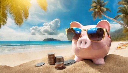 Ein Sparschwein am Strand das die Sonne genießt und Geld verdient bzw. einen günstigen Urlaub ergattert hat. - obrazy, fototapety, plakaty