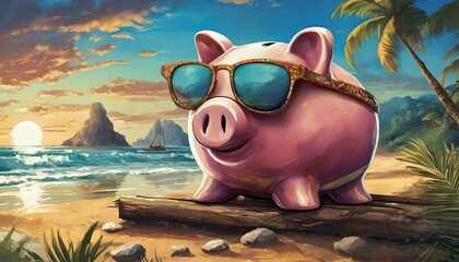 Ein Sparschwein am Strand das die Sonne genießt und Geld verdient bzw. einen günstigen Urlaub ergattert hat. - obrazy, fototapety, plakaty