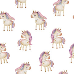 Seamless pattern with cute cartoon unicorns, watercolor illustration - 759789180
