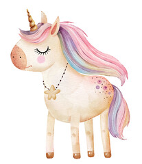 Cute cartoon unicorn on a white background, hand-painted watercolor illustration. - 759789353
