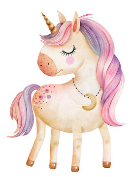 Cute cartoon unicorn, hand-painted watercolor illustration.