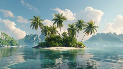 Tropical Island Oasis with Lush Palms, Perfect for Travel and Vacation Promotions - obrazy, fototapety, plakaty