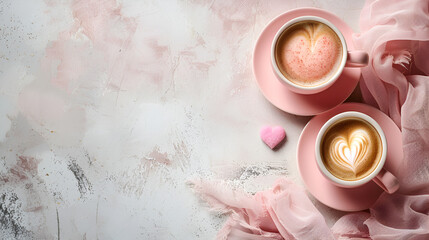 Obraz na płótnie Canvas Two pink coffee cups with heart shape latte art on white background. generative ai 