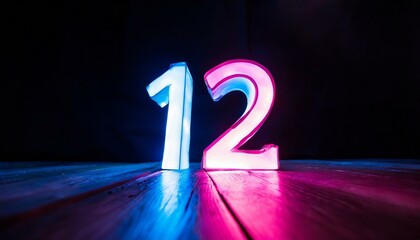neon light background, 3d render, Close up of Glowing neon light number twelve glowing in the dark, concept of 12 birthday, pink blue neon light, background with neon lights - obrazy, fototapety, plakaty