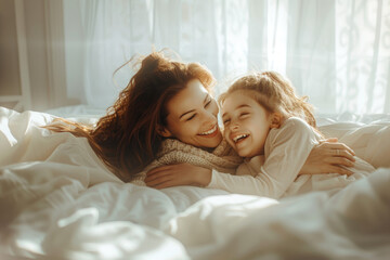 Happy mother and daughter having fun in bed, on a white background, with sunlight coming through the window