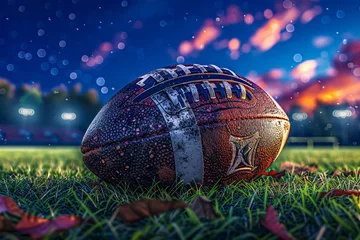Foto op Plexiglas American Football on Field at Night, Spotlight on Sport Equipment © Rabbi