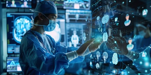 Surgeon in scrubs interacting with futuristic medical interface and AI technology