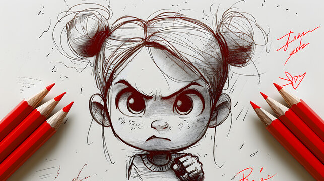 A red pencil is drawn on a white paper, and the drawing of an angry little girl holding up her fist in anger can be seen next to it. The illustration style should have simple lines and minimal details