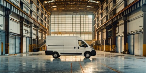 White delivery van inside an industrial warehouse - obrazy, fototapety, plakaty