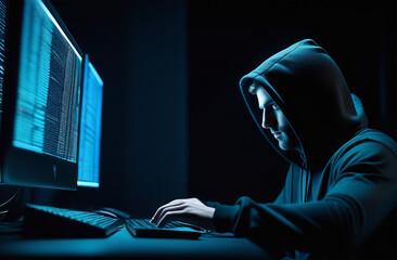 A shadowy figure of a hacker with a hoodie sits in a dark room, typing malicious code on a computer with multiple screens, committing cybercrime