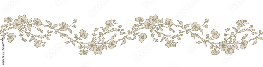 Canvas Prints floral border with blooming branches, leaves and flowers. spring seamless horizontal pattern with a 