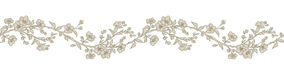 Floral border with blooming branches, leaves and flowers. Spring seamless horizontal pattern with a beautiful garland in line art style with neutral color. Vector vintage illustration © Feodora_21