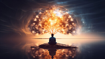 Person meditating below a tree, concept of self reflection and mindfulness