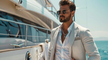 A man in elegant casual clothes and sunglasses on the deck of a yacht, meticulous designer style. The concept of a business and successful man who relaxes on a business trip. - obrazy, fototapety, plakaty