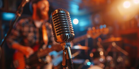 Close up of a microphone at a live music performance with a guitarist in the background - obrazy, fototapety, plakaty