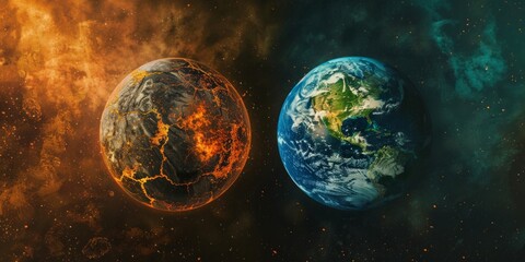 Obraz na płótnie Canvas Conceptual representation of a healthy planet and a dying planet