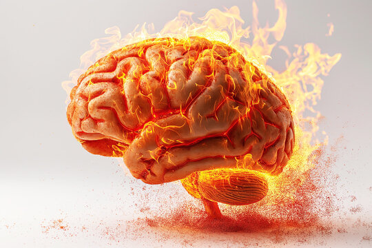 burning human brain on fire with flames on a white isolated background